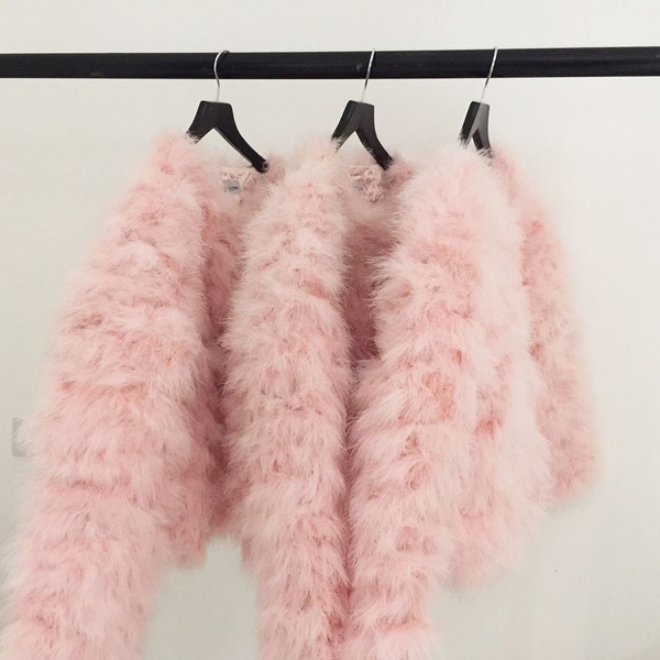 Baby Pink Fluffy Feather Jacket Marabou Winter Womens Clothing Outerwear Warm Coat Eveningwear