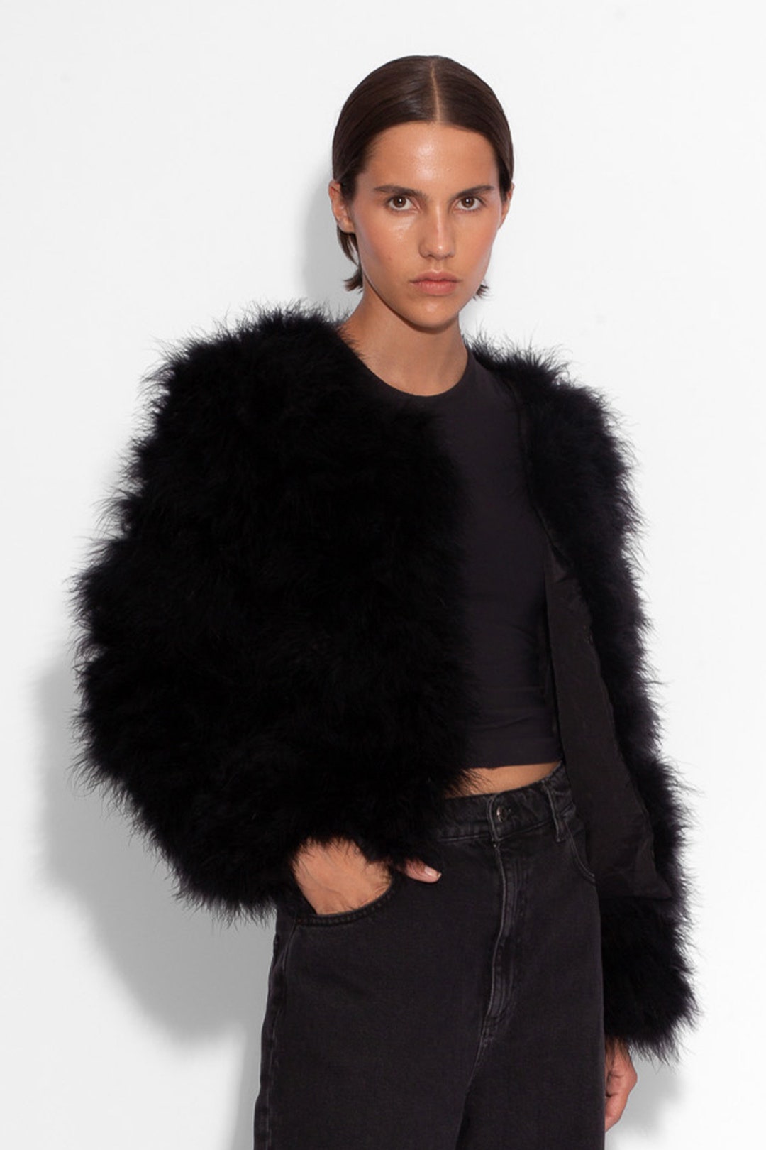 Black Fluffy Feather Jacket Marabou Winter Womens Clothing Outerwear Warm Coat Eveningwear Etsy Canada