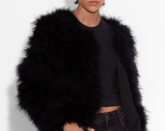 Black Fluffy Feather Jacket Marabou Winter Womens Clothing Outerwear Warm Coat Eveningwear