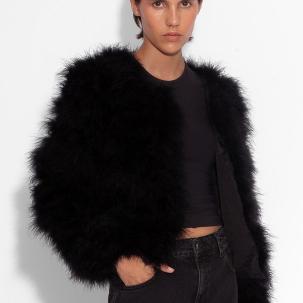 Black Fluffy Feather Jacket Marabou Winter Womens Clothing Outerwear Warm Coat Eveningwear