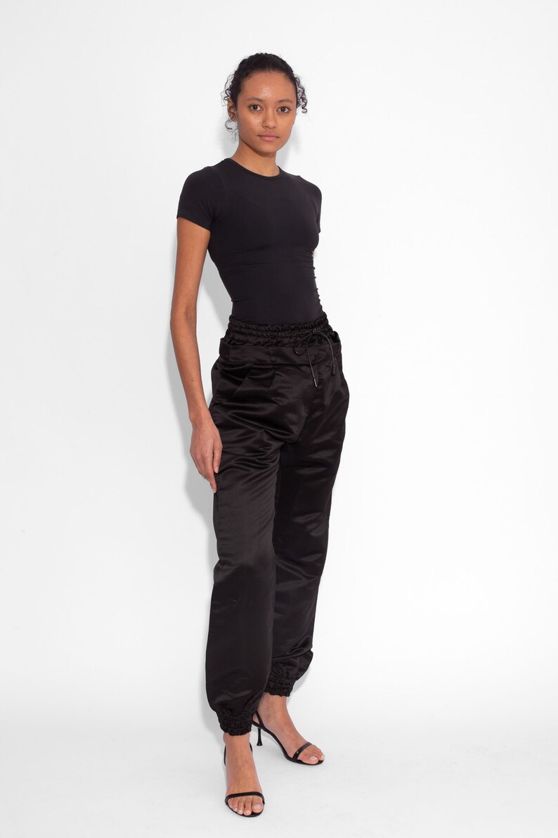 Double Waisted Satin Trousers in Black image 6