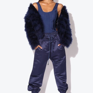 Navy Blue Fluffy Feather Jacket Marabou Winter Womens Clothing Outerwear Warm Coat Eveningwear image 7