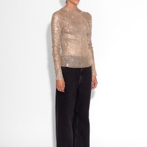 Crystal Embellished Fishnet Long Sleeved Top in Gold image 4