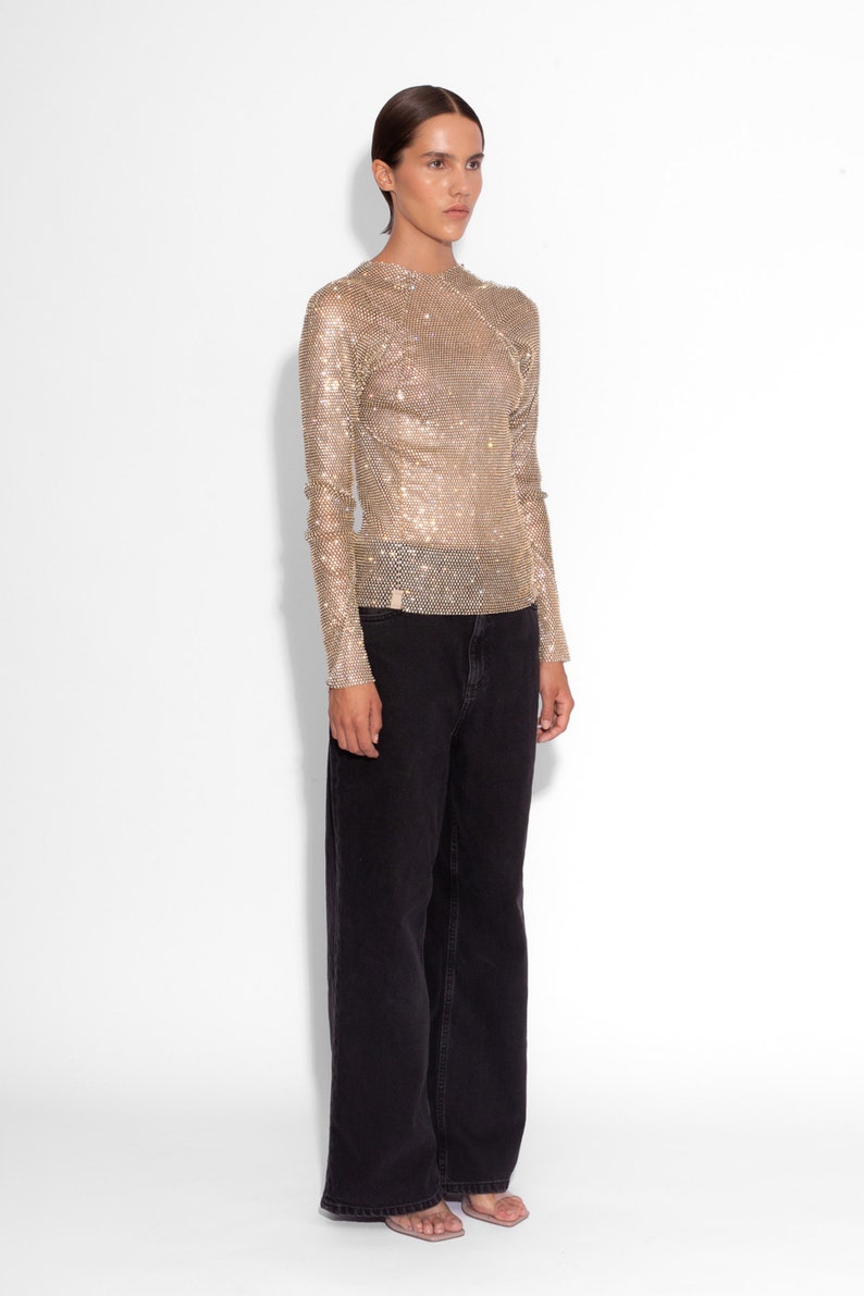 Crystal Embellished Fishnet Long Sleeved Top in Gold image 4