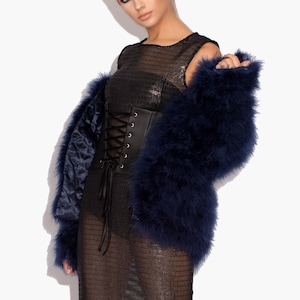 Navy Blue Fluffy Feather Jacket Marabou Winter Womens Clothing Outerwear Warm Coat Eveningwear image 3