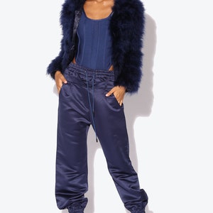 Navy Blue Fluffy Feather Jacket Marabou Winter Womens Clothing Outerwear Warm Coat Eveningwear image 8