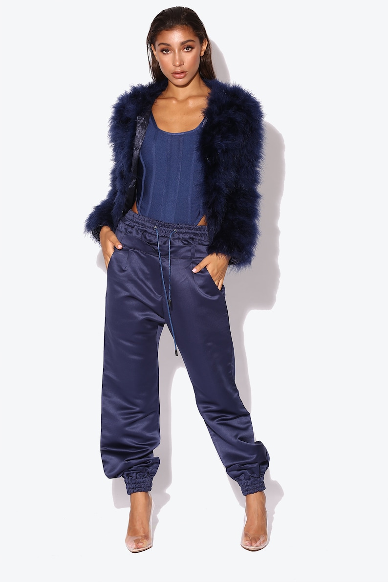 Navy Blue Fluffy Feather Jacket Marabou Winter Womens Clothing Outerwear Warm Coat Eveningwear image 8