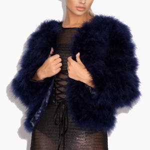 Navy Blue Fluffy Feather Jacket Marabou Winter Womens Clothing Outerwear Warm Coat Eveningwear image 2