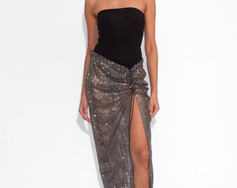 Crystal Embellished Fishnet Maxi Skirt in Black