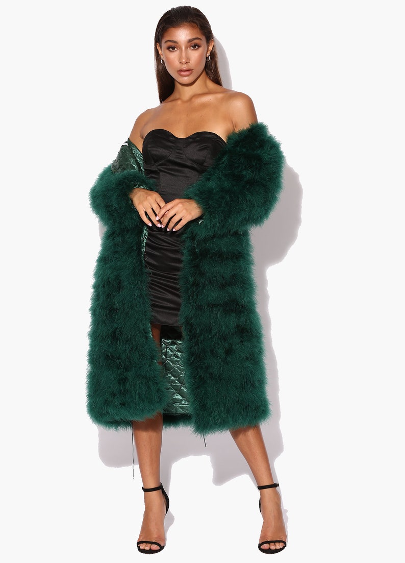 Long Emerald Green Fluffy Feather Jacket Marabou Winter Womens | Etsy