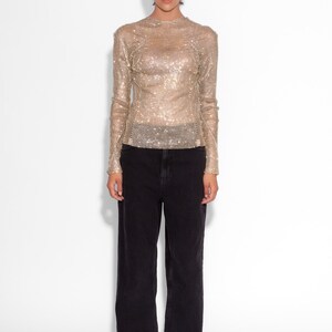 Crystal Embellished Fishnet Long Sleeved Top in Gold image 2