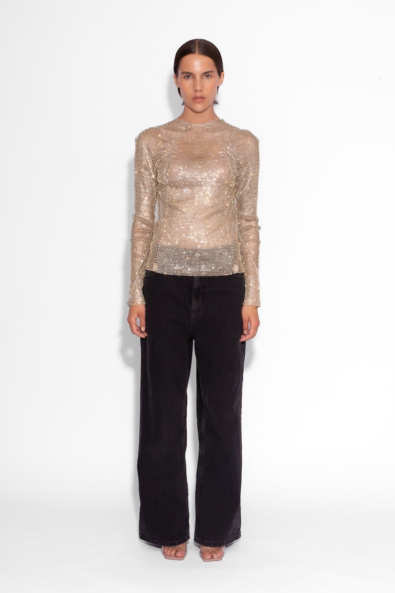 Crystal Embellished Fishnet Long Sleeved Top in Gold image 2