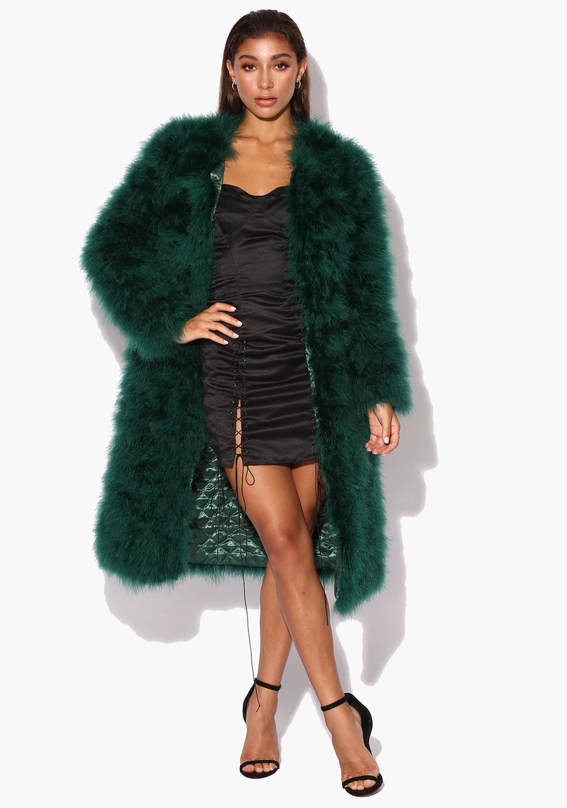 Long Emerald Green Fluffy Feather Jacket Marabou Winter Womens | Etsy