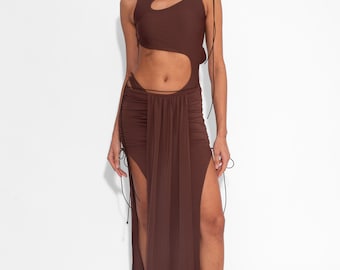 Stretch Draped Maxi Skirt in Cocoa