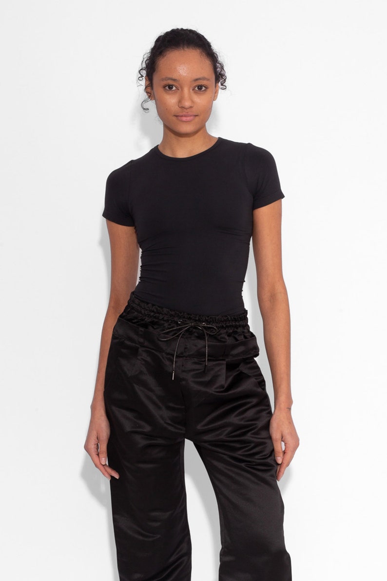 Double Waisted Satin Trousers in Black image 5