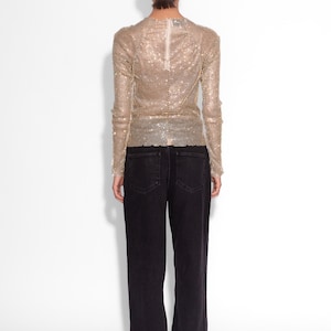 Crystal Embellished Fishnet Long Sleeved Top in Gold image 3
