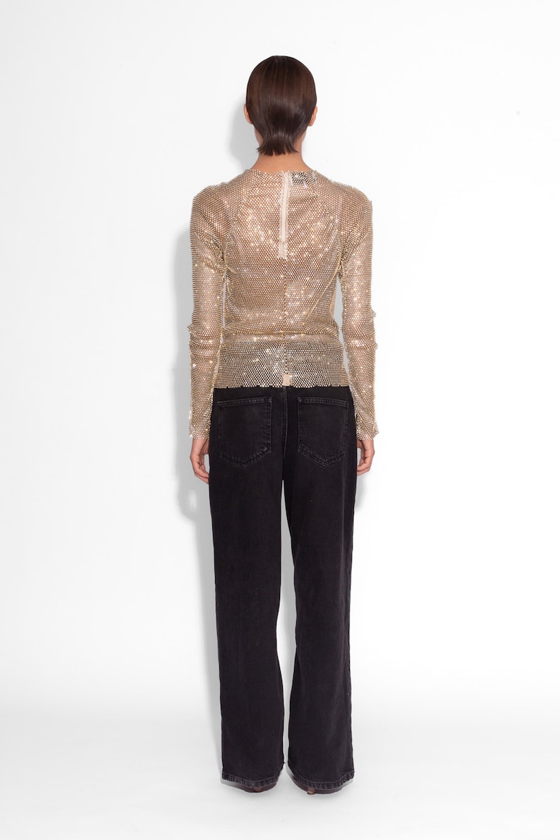 Crystal Embellished Fishnet Long Sleeved Top in Gold image 3