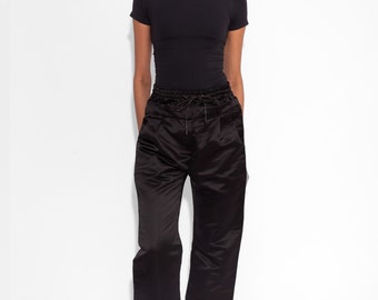 Double Waisted Satin Trousers in Black