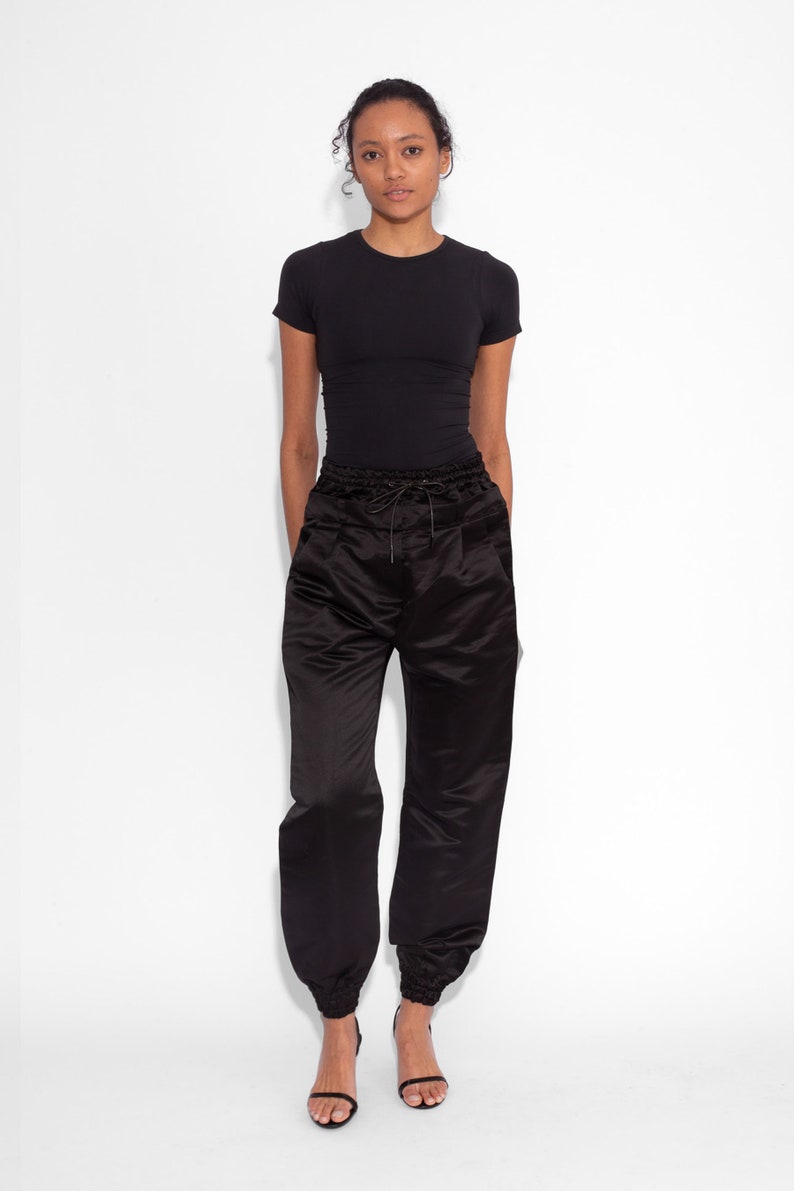 Double Waisted Satin Trousers in Black image 1