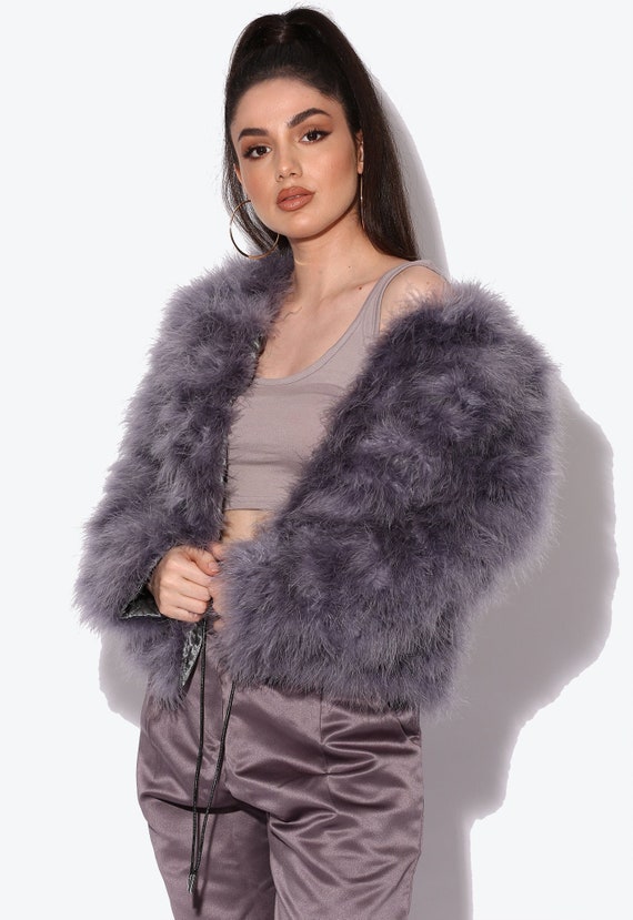 Grey Fluffy Feather Jacket Marabou Winter Womens Clothing | Etsy