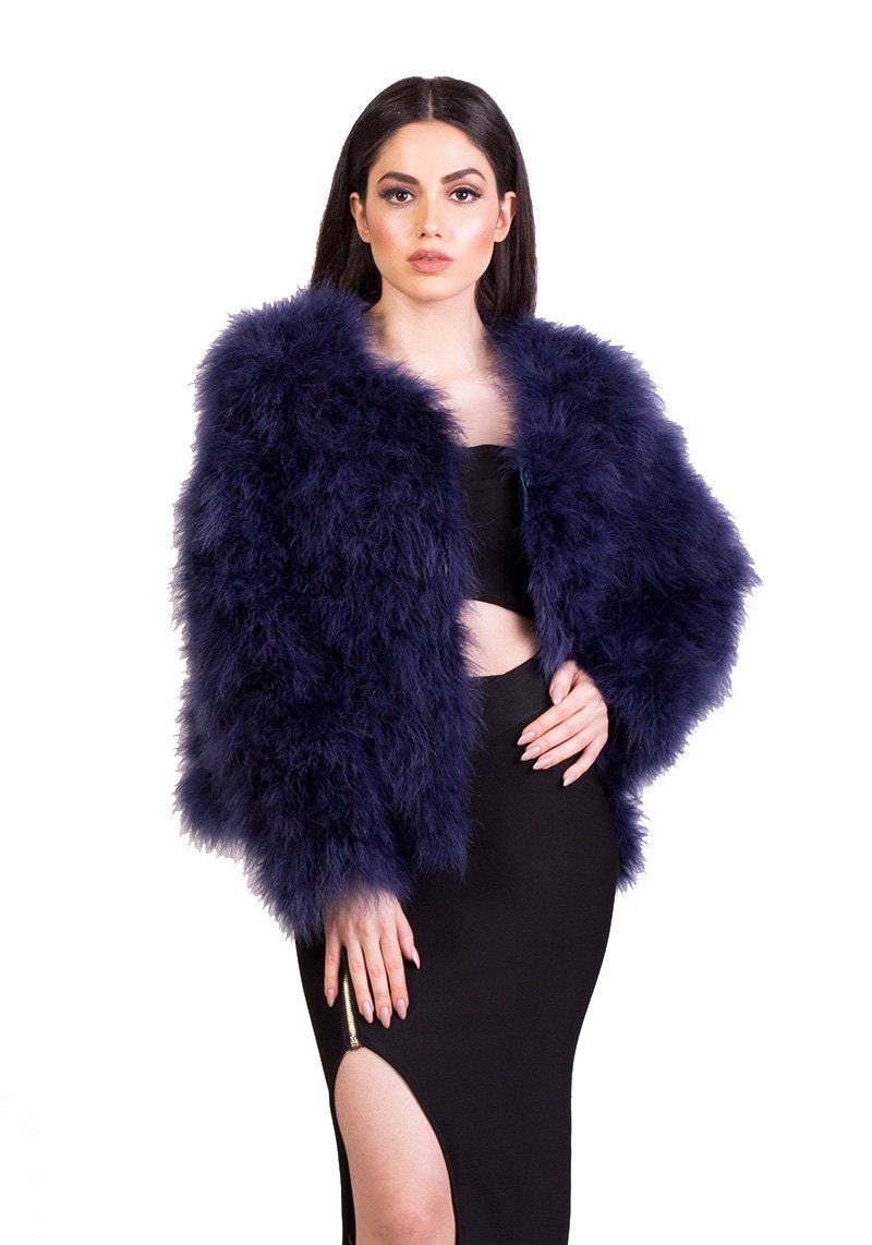 Navy Blue Fluffy Feather Jacket Marabou Winter Womens Clothing | Etsy