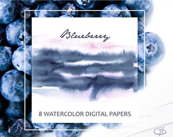 Watercolor Digital Paper, 8 Blueberry color papers / blue watercolor papers / instant download / indigo scrapbook paper / blue background