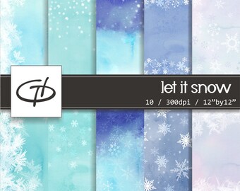 May include: Set of 10 digital paper backgrounds featuring watercolor washes in shades of blue and white with snowflake patterns.  The text "let it snow" is included in the image.  Each paper is 12 inches by 12 inches and 300 dpi.
