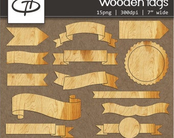 15 Wooden Tags clipart set: Digital high quality  tags and shapes, 7" wide, paper goods