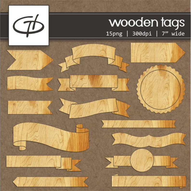 15 Wooden Tags clipart set: Digital high quality tags and shapes, 7 wide, paper goods image 1