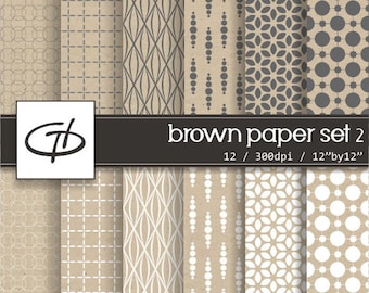 May include: A set of 12 digital paper patterns in brown and white. The patterns include circles, dots, geometric shapes, and lines. The papers are 300 dpi and 12 inches by 12 inches.