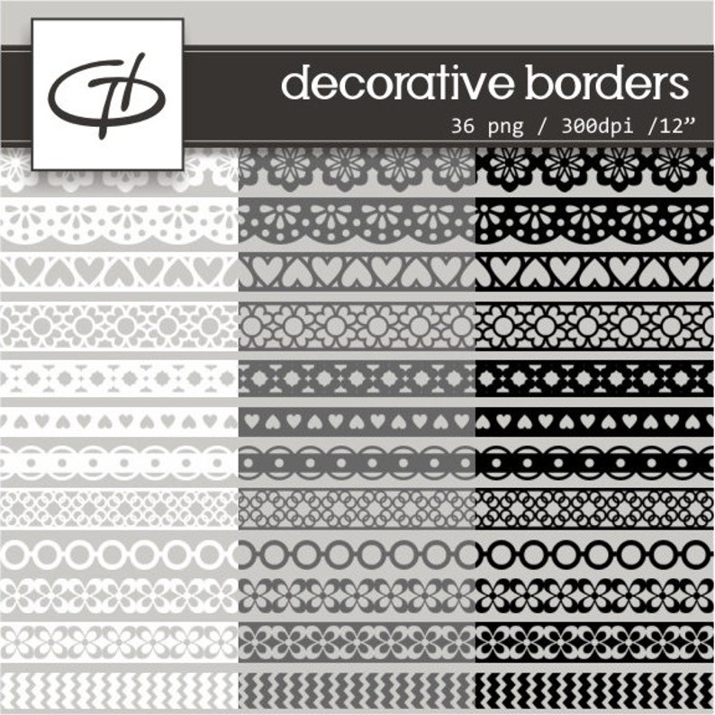 May include: A set of 36 decorative borders in black, gray, and white. The borders feature various patterns, including hearts, flowers, circles, and zigzags. The borders are 300 dpi and 12 inches in size.
