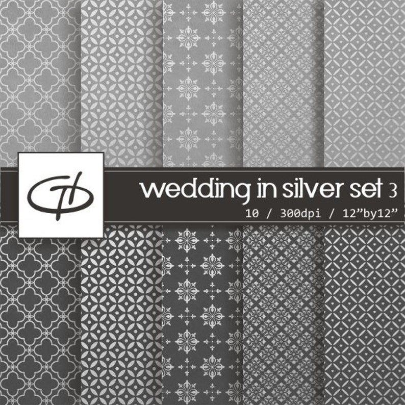 May include: A collection of ten silver patterned digital papers. The designs include geometric and floral patterns in shades of gray and silver. The text "wedding in silver set 3" is displayed on a black banner. Each paper is 12" by 12".
