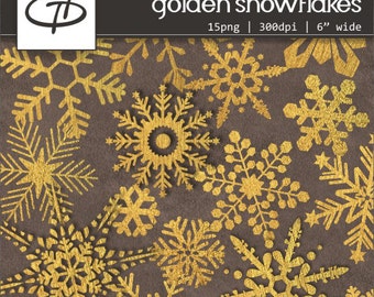 Conjunto de copos de nieve de oro, 15 copos de nieve digitalclip Art, decoración de Navidad, tarjetas de vacaciones, descarga instantánea