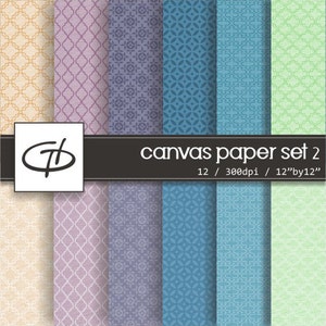 May include: Set of 12 digital paper patterns with geometric designs in beige, purple, blue, and green. The patterns are 12" by 12" and 300 dpi. Canvas paper set 2.