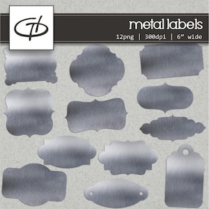 May include: Twelve silver metal labels in various shapes and sizes, including rectangular, oval, and rounded, with a brushed metal texture. The labels are perfect for adding a vintage or industrial touch to your crafts, gifts, or home decor.