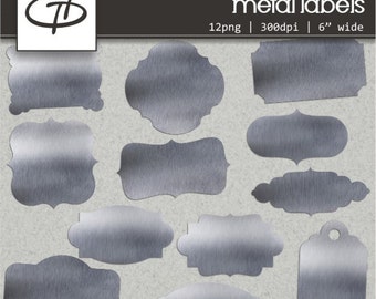 Digital Metal labels clipart set: 24 Digital frames, high quality tags and shapes, 6" wide, metal texture