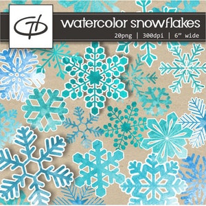 May include: A set of 20 watercolor snowflake digital clipart images. The snowflakes are blue and teal with white outlines. The images are 300 dpi and 6 inches wide.