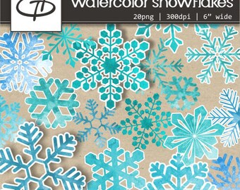 Watercolor Christmas Snowflakes set, 20 Digital Snowflakes Clip Art, teal and blue snowflake clipart, christmas decoration, instant download