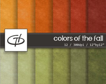 May include: A set of 12 digital paper backgrounds featuring a variety of fall colors, including orange, red, and green. The papers are 300 dpi and measure 12 inches by 12 inches. The text "Colors of the Fall" is displayed at the top of the image.