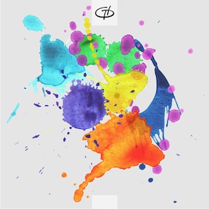 May include: Abstract watercolor painting with colorful splotches of blue, green, yellow, orange, and purple paint. The paint splatters are on a white background.