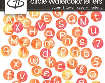 Watercolor Alphabet set in circles: Digital high quality  capital and small letters, and numbers, red and orange