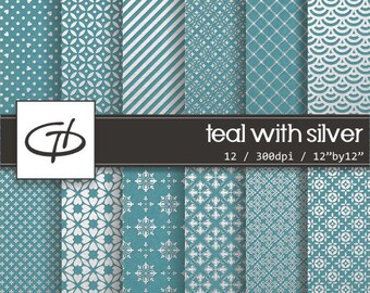 Teal with Silver Digital Paper set: high quality printable paper set, simple contepmorary design
