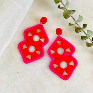 big earrings, geometric earrings, clay earrings, dangle earrings, lightweight earrings, funky earrings, red earrings, statement earrings