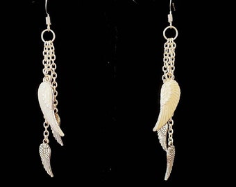 Angel wing earrings, angel wing charm earrings, silver wing earrings, wing charms, angel wing jewelry, silver earrings.