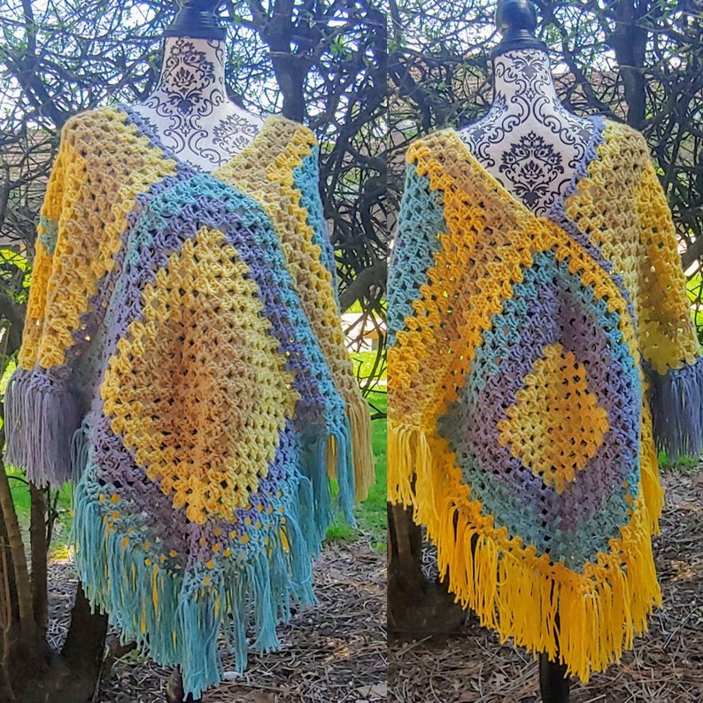 1970s themed poncho. Vintage inspired poncho Colorful crochet poncho In tones of blue and yellow