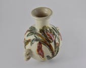 gallerymichel Vintage Hand Decorated Molded Cream Coloured Pottery Jug with Red Flowers and Two Double Handles