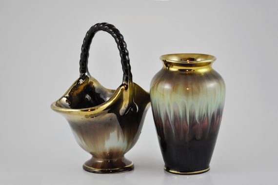 gallerymichel Bay Keramic West German Pottery Basket and Vase with Plum and Icy Green Drip Glaze
