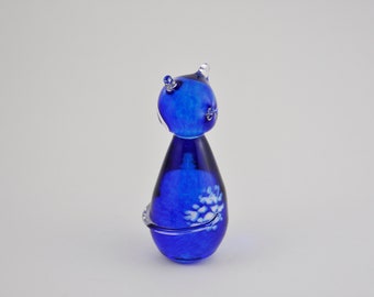 gallerymichel Signed Deep Blue with White Spots Hand Blown Glass Cat Figurine