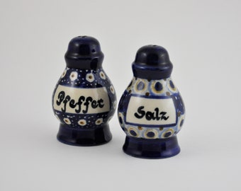 gallerymichel Hand Painted Pair of German Ceramic Salt & Pepper Shakers Decorated in Cobalt Blue with Earthtones