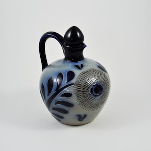 gallerymichel Vintage West German Blue on Blue Salt Glazed  Pottery Jug with Stopper